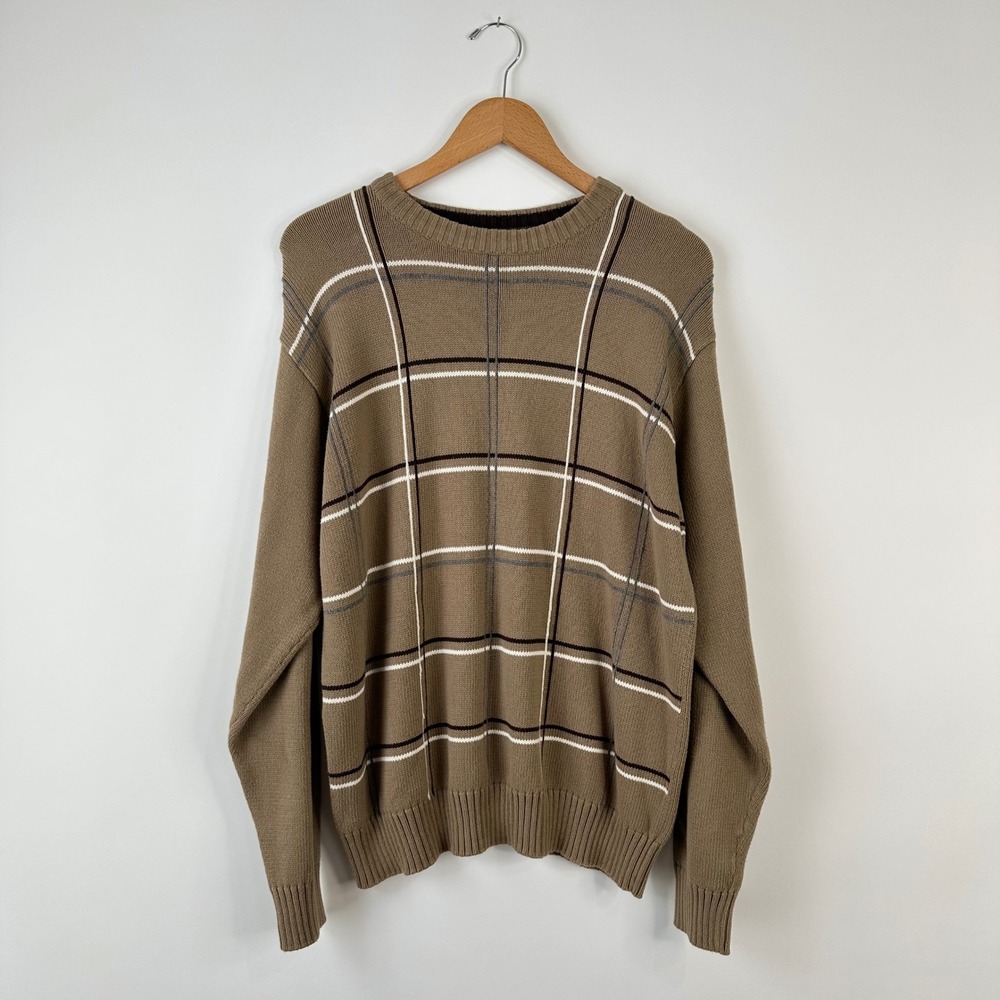 Mens Plaid Sweater Brown White Gray Knit Long Sleeve Pullover XL